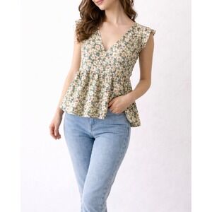 Sage Floral Babydoll Peplum Top Cottagecore Coquette Romantic Lace V Back Small